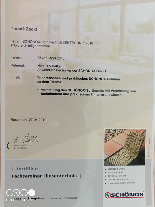 Odborný certifikát obkladače
